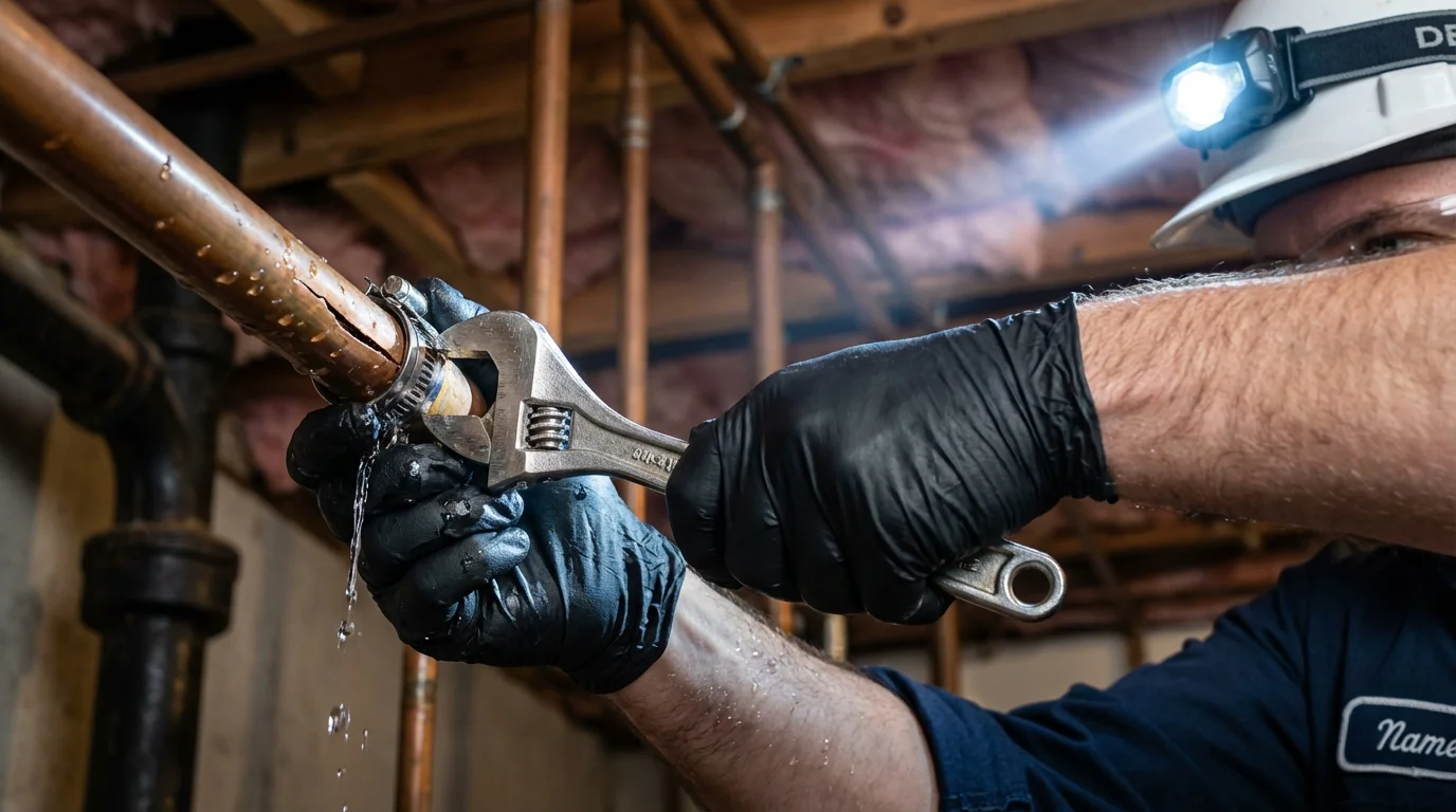 Emergency pipe clamp repair being performed by a Johns Plumbing LLC plumber in Duncan