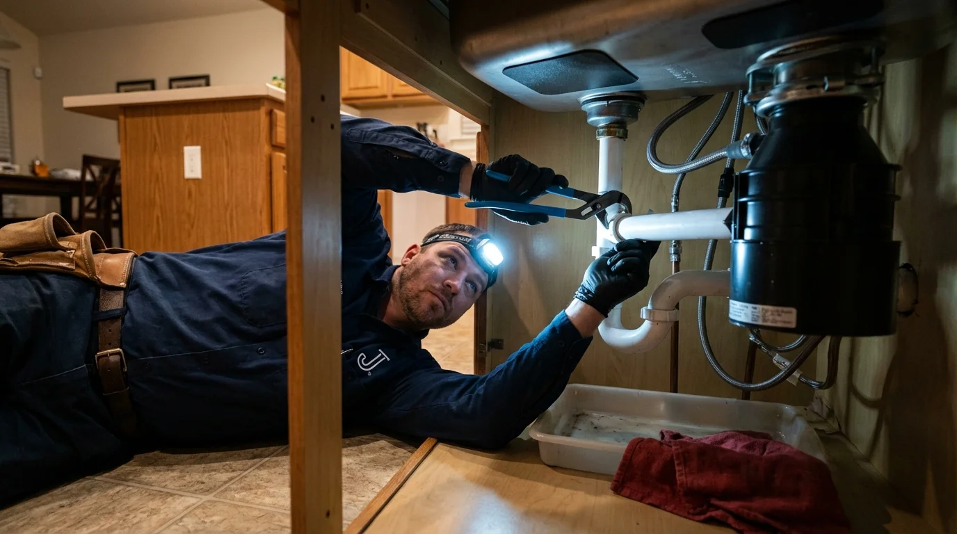 P-trap and supply line connections under a kitchen sink showing a common leak point in Duncan, OK
